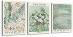 MINI ZOZI Sage Green Canvas Framed Wall Art Set Of 3 Matisse Van Gogh Monet Flower Prints 12x16 Wall Decor Large Mid Century Modern Aesthetic Over Bed Poster Painting Master Bedroom Living Room