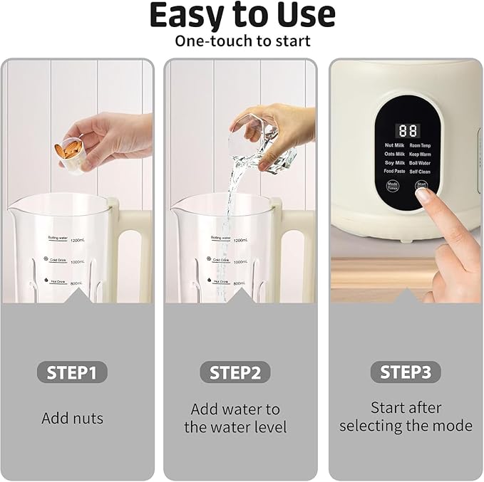 Nut Milk Maker, 8 in 1 Homemade Automatic Plant-Based Milk, Soy Milk, Oat Milk, Almond Milk, Coconut Milk & More, Multifunctional/12 Hours Timer/Auto-Clean/Room Temp/Keep Warm/Boil/Room Temp/Low-Noise