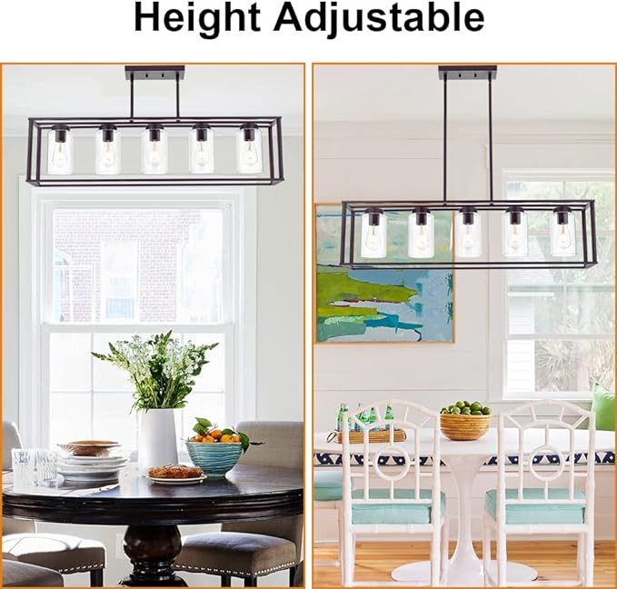 VINLUZ 5-Light Kitchen Island Chandeliers Oil Rubbed Bronze Modern Linear Cage Pendant Lighting with Clear Glass Shades Farmhouse Ceiling Light Fixtures Hanging for Dining Room Living Room