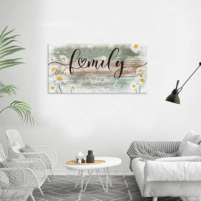 Canvas Wall Art Family Where Life Begins and Love Never Ends Inspirational Pictures Living Room Sign Wall Decor Rustic Farmhouse Motivational Canvas Prints Vintage Wooden Board Daisy Artwork 20 "x40 "