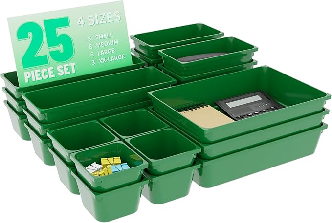 25 pc Plastic Drawer Organizer Set,4 Size Small Storage Containers for Organizing Jewelry,Utensil,Junk,Tea,Makeup,Shallow Drawer Organizers Tray Suitable for Office,Desk,Bathroom,Vanity,Kitchen,Green