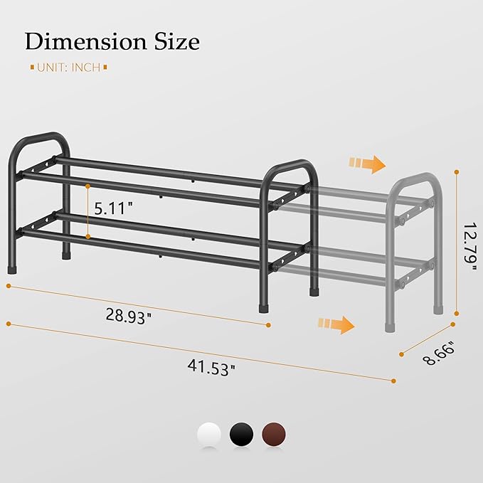 2 Tier Shoe Rack, Shoe Organizer for Closet, 28“ Metal Shelf Can Expandable to 42“, for Bedroom, Entryway, Closet, Garage, Adjustable to 12 Pairs Shoes, Black