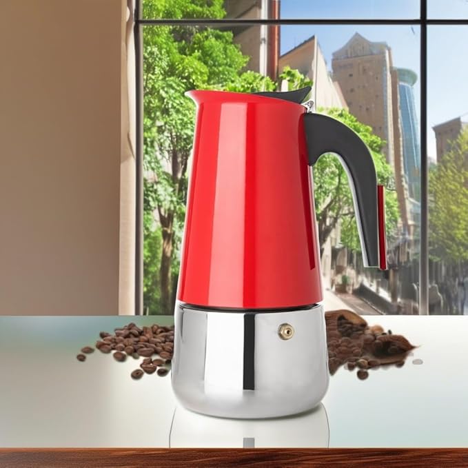 Mixpresso Red 9 Cup Greca Stovetop Espresso Pot 450ml/15oz, Moka Pot with Coffee Percolator Design, Stainless Steel Stove Top Coffee Maker for Camping or Home Use,Italian Stovetop Espresso Maker