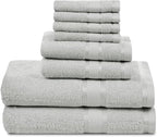 Casa Lino Bath Towel Set of 8 (2 Bath Towels, 4 Wash Cloths & 2 Hand Towels for Bathroom) - 100% Cotton - Highly Absorbent & Quick Dry - Guest Room Essentials for Bathroom Set - (Silver Grey)