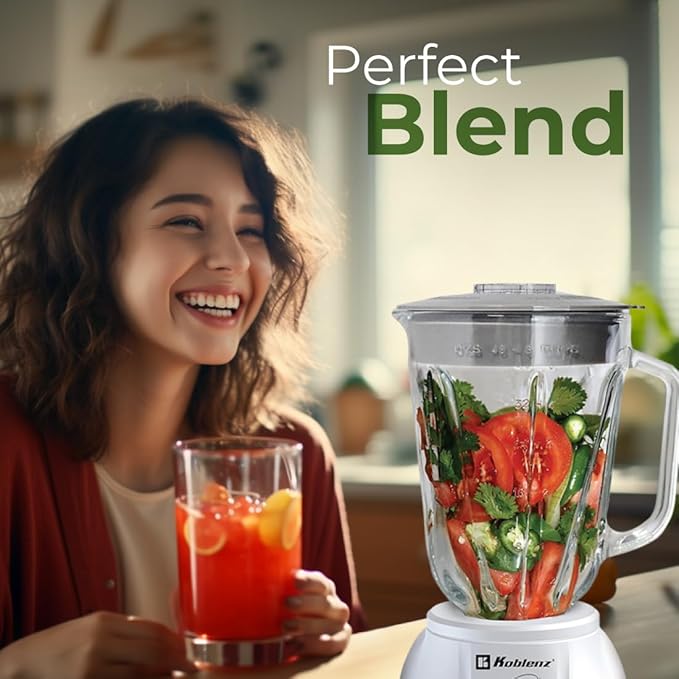 Koblenz 51-oz Glass Jar Blender, 10 Speed and 2 Pulse Blender, Countertop Blender with Stainless Steel Blades, Perfect for Shakes and Smoothies, 500-Watt Motor, White, LKM-5910 VB