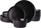 AmorArc Ceramic Dinnerware Sets for 4, Modern Flat Stoneware Plates and Bowls Sets,Chip and Crack Resistant Dishwasher & Microwave Safe Dishes Set,Scratch Resistant- Service for 4 -Matte Black (12pcs)