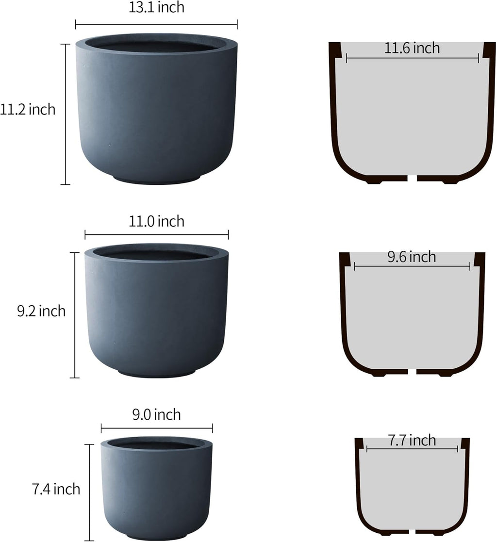 Kante 13",11",9" Dia Round Concrete Large Plant Pots Outdoor Indoor Planters Bowl with Drainage Hole for Patio, Set of 3,Charcoal