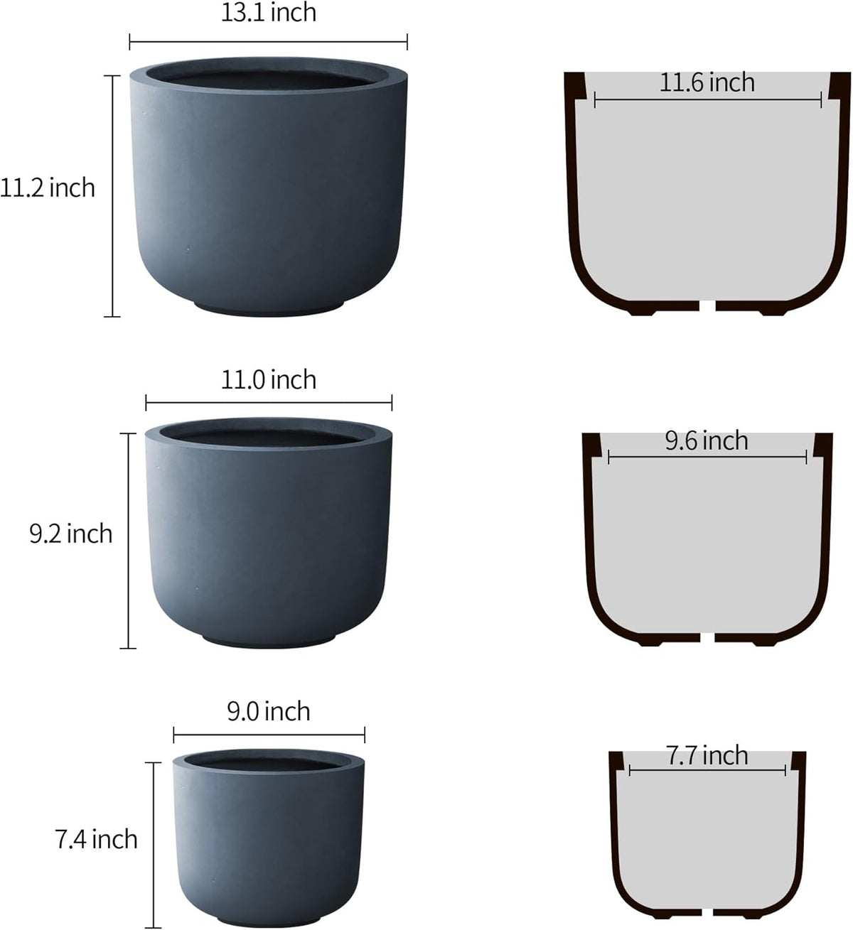 Kante 13",11",9" Dia Round Concrete Large Plant Pots Outdoor Indoor Planters Bowl with Drainage Hole for Patio, Set of 3,Charcoal