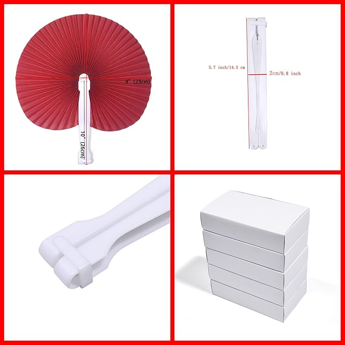 12 Packs Decorative Paper Folding Hand Fans Handheld,Red Round Foldable Wedding Fans Chinese and Japanese Fans Bulk for Bridal Guest Church Party Favors Dancing Birthday DIY