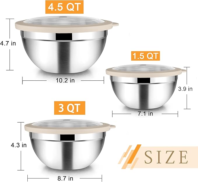 TeamFar Mixing Bowls with Lids, 4.5/3/1.5 QT Stainless Steel Nesting Salad Bowls with Airtight Lids, For Serving/Mixing/Storing/Prepping, Healthy & Sturdy, Visible & Easy Clean, Khaki, Set of 3