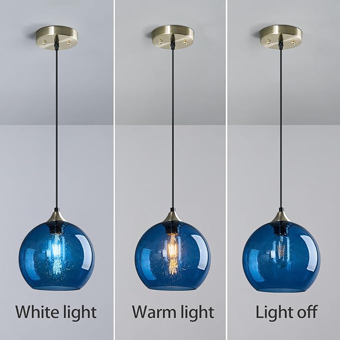 Blue Glass Pendant Lights Kitchen Island Lighting Globe Pendant Light Fixtures Modern Pendant Lighting for Kitchen Island Bedroom Living Dining Room Light Fixture(7.87in, 2-Pack)