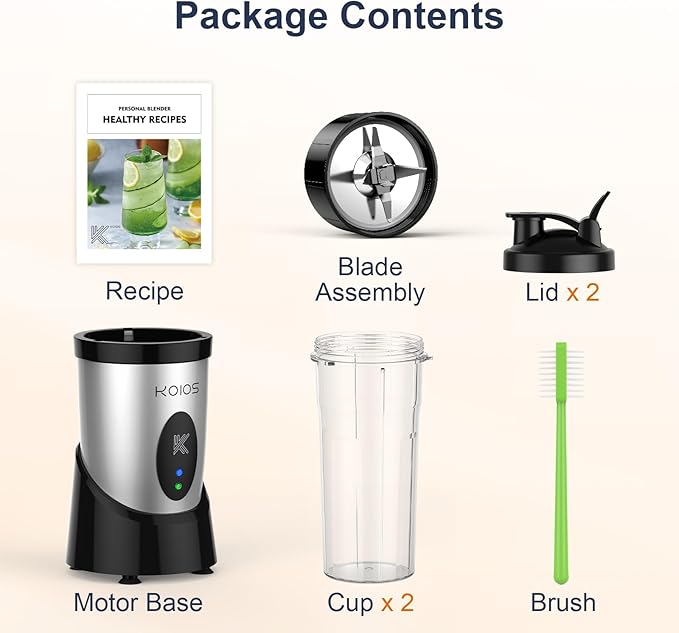 KOIOS Smoothie Blender, 900W Personal Blender for Shakes and Smoothies Kitchen with 2 No-BPA 22oz Portable Cups, Single Serve Smoothies Maker Mixer for Juices, Nutritious Recipe, Sliver