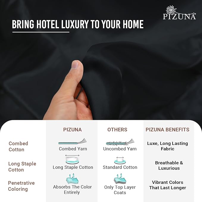 Pizuna 100% Cotton Full 3 Pc Duvet Cover + 1 Pc Fitted Sheet Set 400 Thread Count Black Sateen Weave Luxurious Long Staple Cotton 4 Piece Bedding Set - 1 Duvet Cover, 2 Pillow Shams, 1 Fitted Sheet