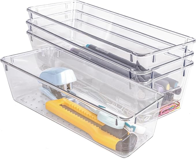 4 PCS Clear Plastic Drawer Organizer, Desk Drawer Divider Organizers and Storage Bins for Makeup, Jewelry, Gadgets for Kitchen, Bedroom, Bathroom, Office (9.0"x3.0"x2.2")