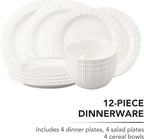 MDZF SWEET HOME 12-Piece White Ceramic Dinnerware Set - Rhine Series, Service for 4, Includes Bowls, Flat & Deep Plates, Microwave & Dishwasher Safe