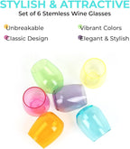 Acrylic Colored Wine Glasses Set of 6 BPA-Free Plastic, Tritan & acrylic Stemless wine glasses- Dishwasher Safe Unbreakable Glass for Indoor & Outdoor Plastic Glass for Wine & Water(Bright)