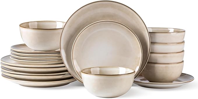 AmorArc Stoneware Dinnerware Sets for 6, 18 Pieces Handpainted Ceramic Plates and Bowls Set, Scratch Resistant Dishes Set, Dishwasher & Microwave Safe, Cappuccino