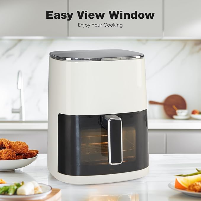 OLIXIS Air Fryer 6 Quart with Window Square Air Fryer 12-in-1 Air Fry, Roast, Reheat, Dehydrate, Bake, Steam, Fries, Custard, Chicken, Wings, Sea Food, Vegetabels,400F Beige