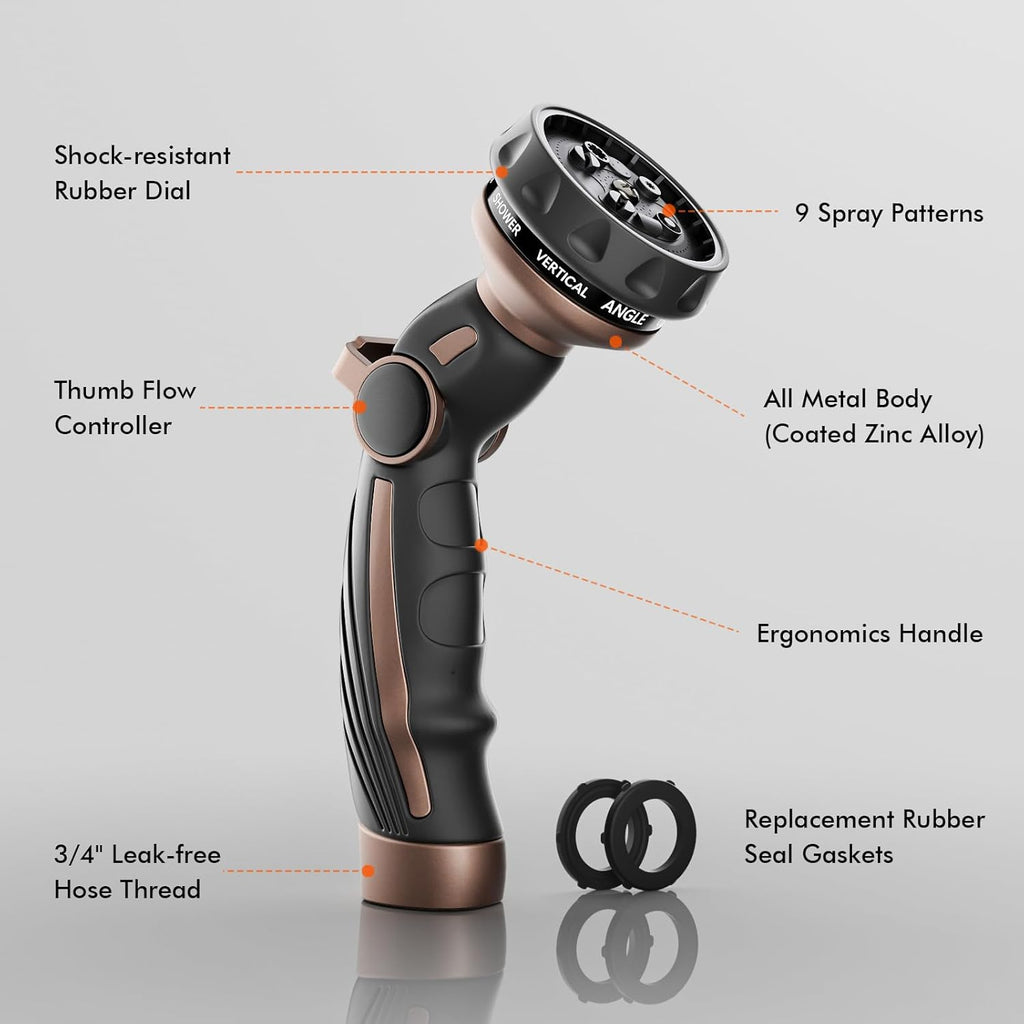 RESTMO Hose Nozzle Heavy Duty, Metal Water Hose Sprayer for Garden, 9 Spray Patterns | High Pressure | Thumb Flow Control | On/Off Valve, Ideal for Outdoor Lawn & Plant Watering, Car & Pet Washing