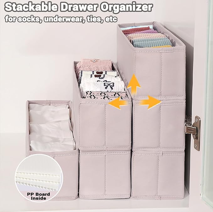 MURRI&MURRDI Mini Foldable Clothes Drawer Organizer 6 Pcs, Small Fabric Storage Organizer for Nursery, Sock, Underwear, Bra, Belt, Tie, Scarves, Gray