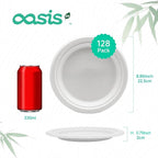 𝟗 𝐈𝐧𝐜𝐡, 𝟏𝟐𝟖-𝐏𝐚𝐜𝐤 Compostable Paper Plates, Heavy-Duty Biodegradable Disposable Dish Made from Bagasse, Perfeck for Snacks, Desserts, Party, Wedding and More (White)