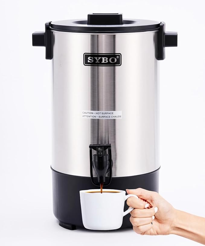 SYBO Commercial Grade Stainless Steel Percolate Coffee Maker, Hot Water Urn for Catering, Hot Beverage Dispenser, 40-Cup, 4.5L, Metallic