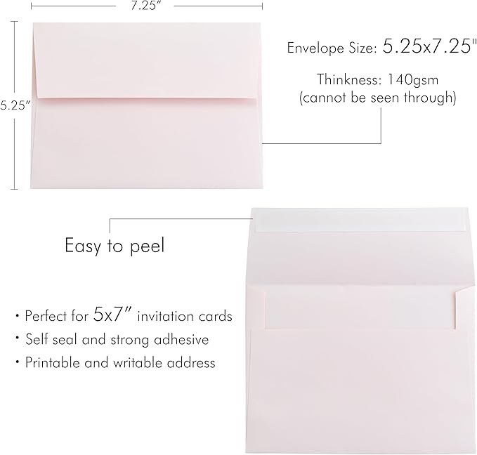 PONATIA 50 PCS 5x7 Envelopes, Blush Pink Self- Adhesive A7 Envelopes for Weddings, Invitation Cards, Photos, Postcards, Greeting Cards Mailing, Baby Shower, Graduation, Christmas Gift Cards