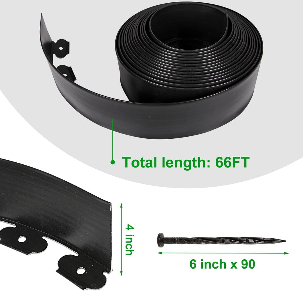 4 Inch Tall Garden Edging Border 66FT with 90pcs Spikes, Plastic Edging Border for Landscaping, Lawn, Garden, Flower Beds, Paver, Pathway