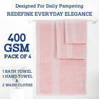 Casa Lino 4 Piece Bath Towel Set | 1 Bath Towel, 2 Wash Cloth, 1 Hand Towels | Bathroom Essentials for New Home, 100% Cotton Luxury Towels, Highly Absorbent Bathroom Set, Blush