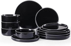 Famiware Nebula Plates and Bowls Sets for 4, 12 Pieces Stoneware Dinnerware Set, Microwave and Dishwasher Safe Dishes Set, Black with White Rim