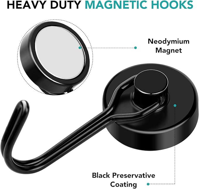 DIYMAG Black Magnetic Hooks, 80LBS Strong Magnetic Hooks Heavy Duty, Strong Magnet Hooks with Metal Hanger for Hanging Refrigerator Home Kitchen Office, 8Pack