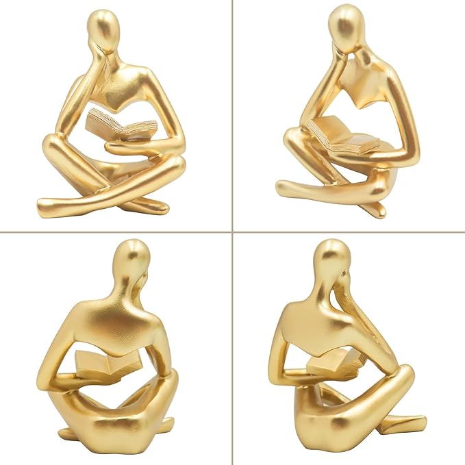 Gold Reading Women Statue, Thinker Sculptures, Abstract Art Ornament, Modern Aesthetic Figurine Decoration, Suitable for Home Living Room Bedroom Office Shelf Table Desk Bookshelf Decor
