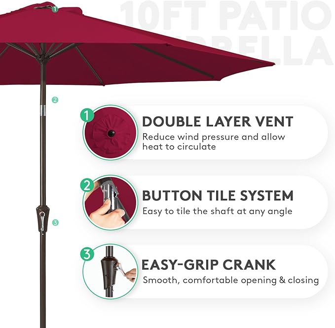 JEAREY 10FT Outdoor Patio Umbrella Outdoor Table Umbrella with Push Button Tilt and Crank, Market Umbrella 8 Sturdy Ribs UV Protection Waterproof for Pool, Garden (Wine Red)