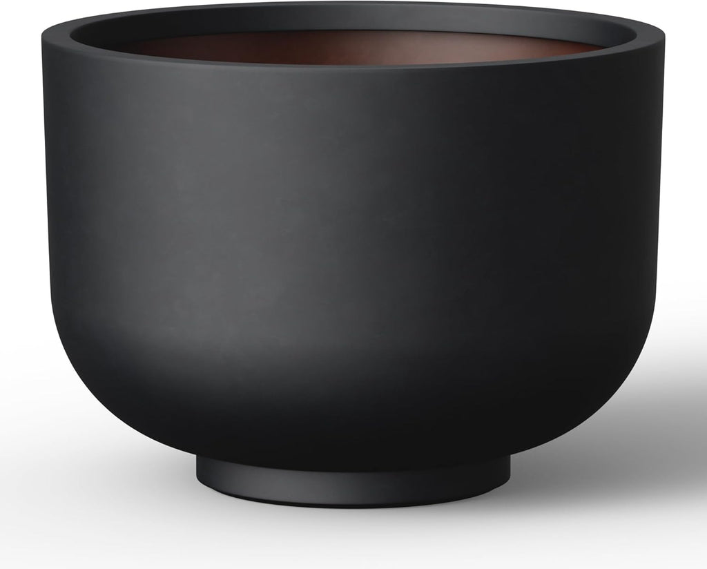 Kante 17.7 Inch Dia Concrete Bowl Planter, Large Tapered Bottom Plant Pot with Drainage, Smooth Black Finish with Warm Brown Interior, Ideal for Porch, Home, Garden, Patio