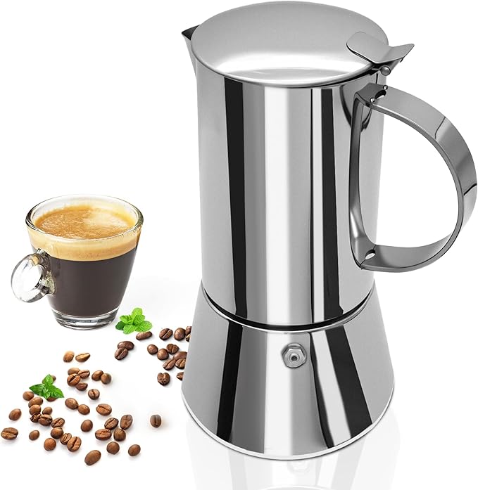 Uncoated 6 Cup Moka Pot 304 Thickened Stainless Steel Coffee Maker Stovetop Espresso Coffeemaker Italian Classic Style Brewing Greca Cafe Mocha Machine for Cafeteras Camping Travel Home 300ml 10oz