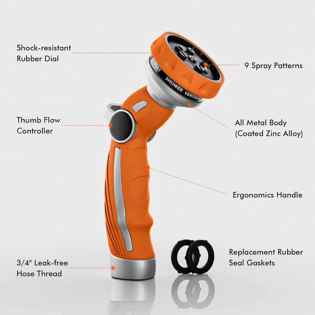 RESTMO Hose Nozzle Heavy Duty, Metal Water Hose Sprayer for Garden, 9 Spray Patterns | High Pressure | Thumb Flow Control | On/Off Valve, Ideal for Lawn & Plant Watering, Car & Pet Washing, Orange