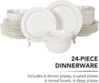 MDZF SWEET HOME 24-Piece White Ceramic Dinnerware Set - Rhine Series, Service for 6, Includes Bowls, Flat & Deep Plates, Microwave & Dishwasher Safe