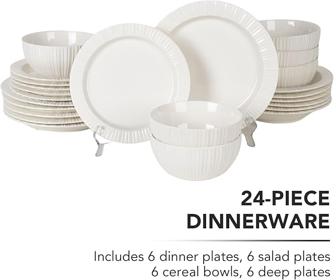 MDZF SWEET HOME 24-Piece White Ceramic Dinnerware Set - Rhine Series, Service for 6, Includes Bowls, Flat & Deep Plates, Microwave & Dishwasher Safe