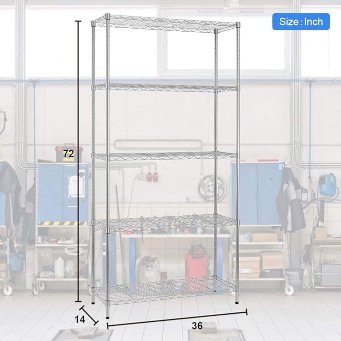 BestOffice 14''Wx36''Dx72''H NSF Wire Shelf Metal 5 Shelf Wire Shelving Unit Storage Shelves Heavy Duty Height Adjustable Utility Commercial Grade Steel Layer Shelf Rack Organizer,Chrome
