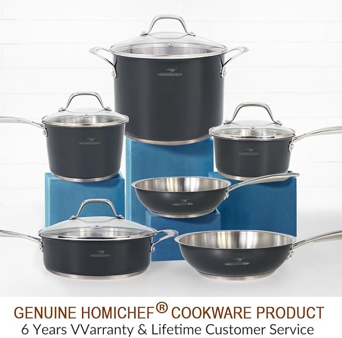 HOMICHEF 10-Piece Nickel Free Stainless Steel Cookware Set Navy Gray - Nickel Free Stainless Steel Pots and Pans Set - Healthy Non-Toxic Induction Cookware Sets