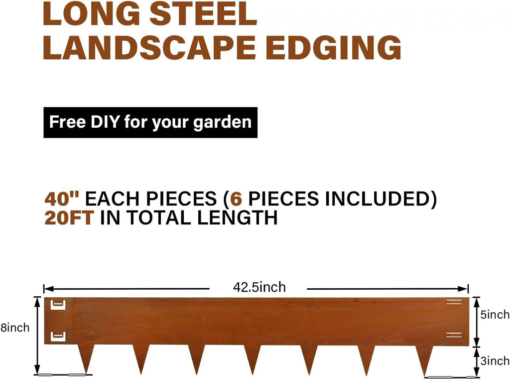 Cor-Ten Steel Landscape Lawn Edging, 40" L x 8" H,6 Pack Steel Edging for Landscaping,Metal Landscape Edging, Metal Edging for Landscaping(180 Degree Bend, Rusted)