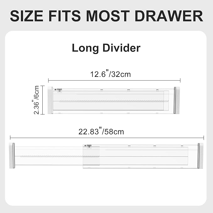 HiYZ Expandable Drawer Dividers - 12.6-22.8'' Adjustable Drawers Organizers for Kitchen Utensils, Drawer Separators in Bedroom, Dresser, Office, Bathroom, Fridge, 5 Pack Long Dividers-Clear