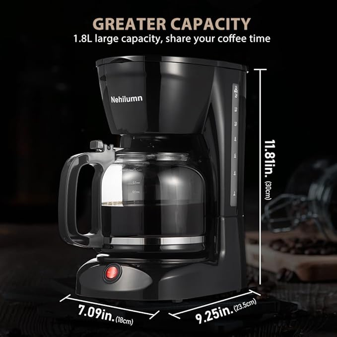 12 Cup Drip Coffee Maker, Coffee Pot Machine Permanent Coffee Filter,1.8L Glass Carafe Electric Coffee Maker,950W Black