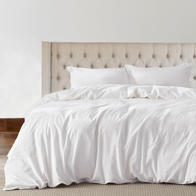 Kotton Culture 100% Washed Cotton Duvet Cover Set Queen Size - 600 Thread Count Comforter cover, Soft Linen Feel, Luxury,3-Pc Set with Zipper Closure & Corner Ties (Washed Cotton White,Queen 90"x 90")