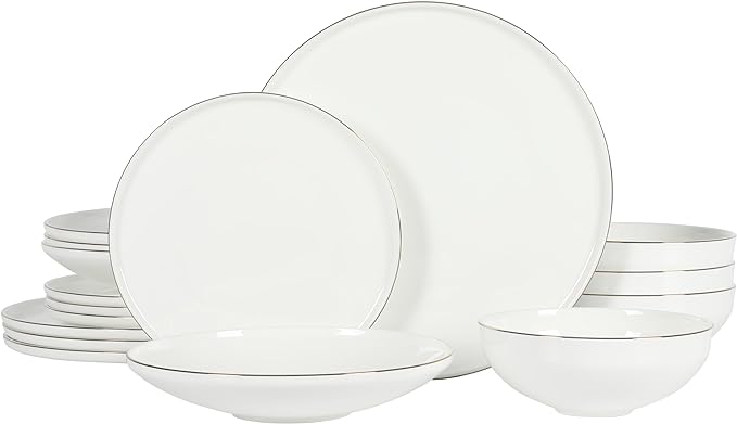 Gibson Elite Lana 16 Piece Bone China Double Plates and Bowls Dinnerware Set, White w/Gold Rim