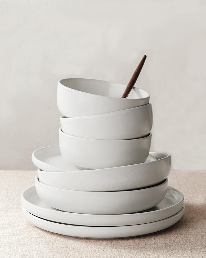Famiware Milkyway Plates and Bowls Sets, 12 Pieces Dinnerware Sets, Reactive Glaze Dish Set, Stoneware Dishes Set for 4, Matte White