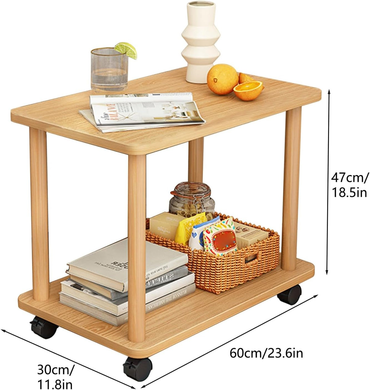 2-Tier End Table with Wheels, Compact MDF Wooden Bedside Nightstand Simple Side Table 150Lbs Narrow End Tables for Small Spaces Bedroom Living Room Entryway Wooden Color