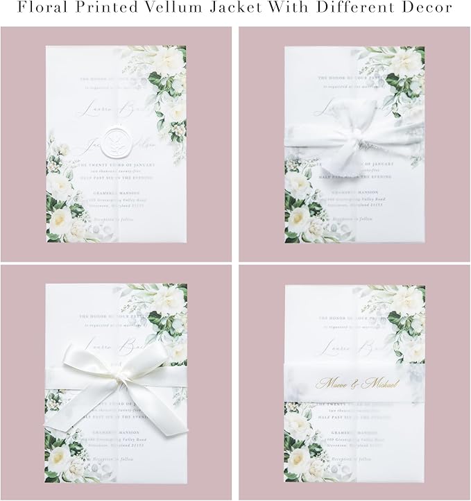 PONATIA 50 PCS Vellum Jackets for 5x7 Invitations- 135gsm White Floral Printed Vellum Sleeves, Quinceanera Wedding Invitation Cards Wraps, Green Flower Transparent Jacket