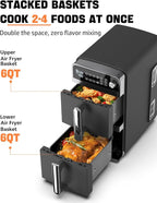 10QT Dual Layer Air Fryer Oven, 5QT×2 Capacity, Vertical 2-Basket Design, 7-in-1 Function with Broil, Roast, Bake, Reheat, Dehydrate, and Air Fry, Family Size, BPA-Free