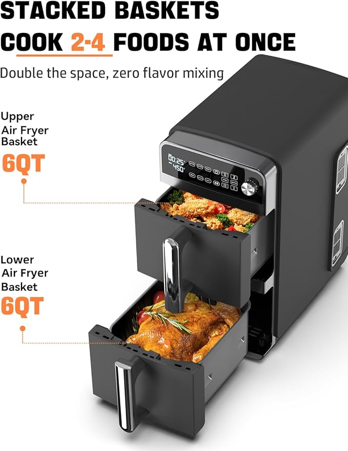 10QT Dual Layer Air Fryer Oven, 5QT×2 Capacity, Vertical 2-Basket Design, 7-in-1 Function with Broil, Roast, Bake, Reheat, Dehydrate, and Air Fry, Family Size, BPA-Free